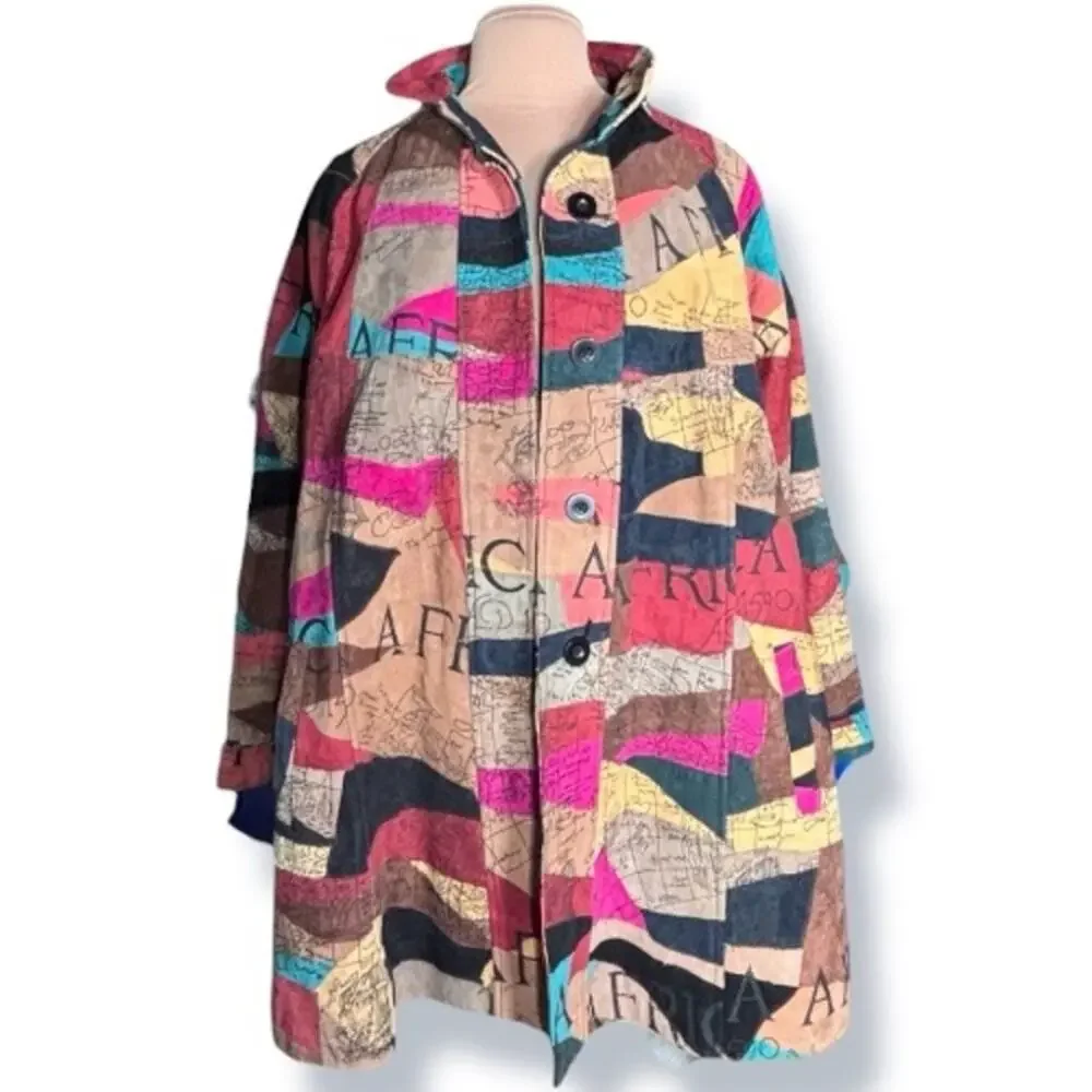 Vintage African Star Suede Leather Coat Map Print Oversized Long Jacket Boho - Picture 4 of 14